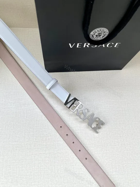 View 2 of Versace Belt: Pink-Lined Gray Leather with Oversized Logo Buckle