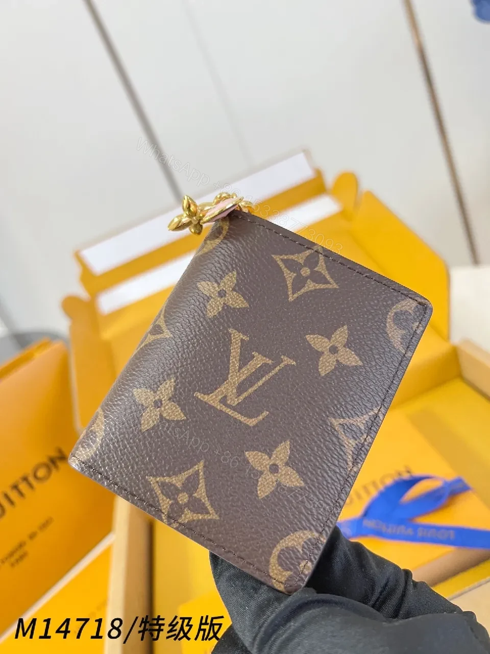 View 5 of Brown Monogram Compact Wallet with Gold Charm, Luxe Style