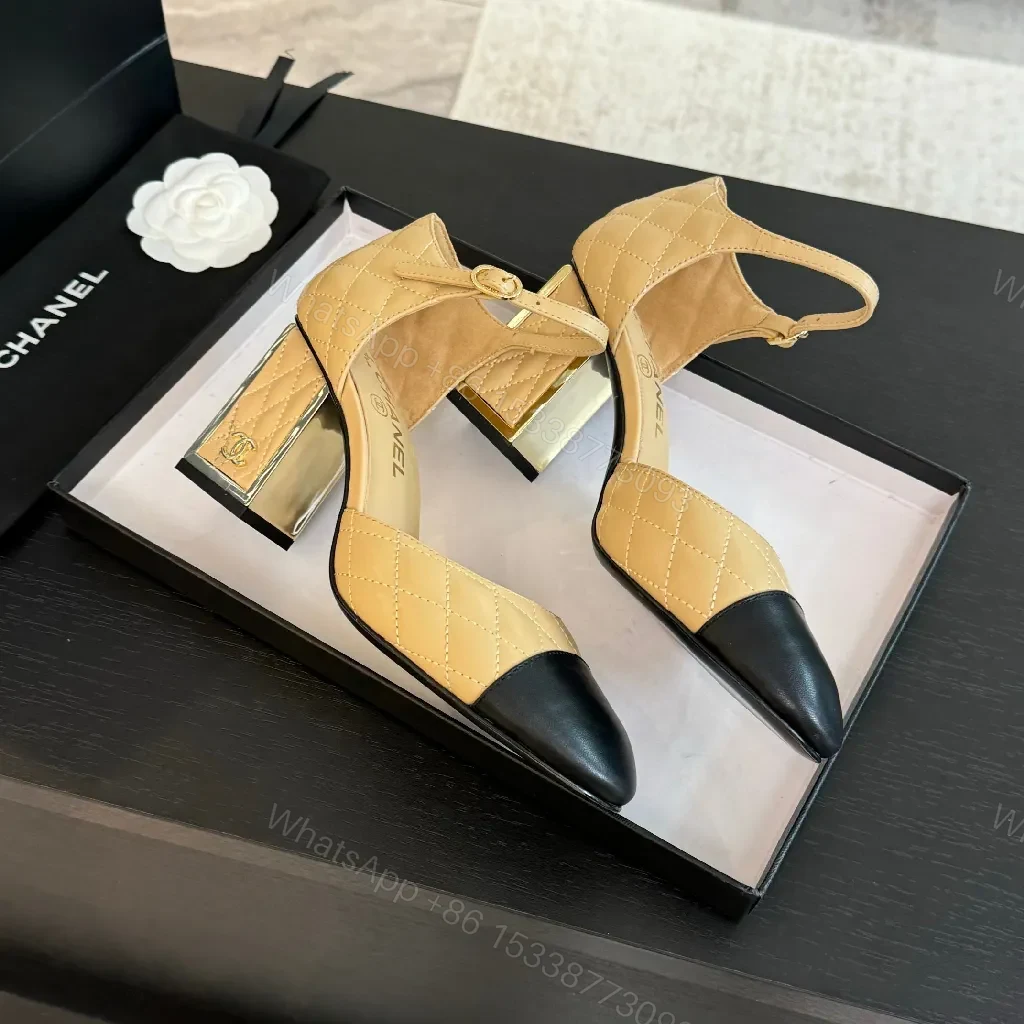 View 5 of Two-Tone Quilted Heels with Ankle Strap, Block Heel, Luxe Quilting