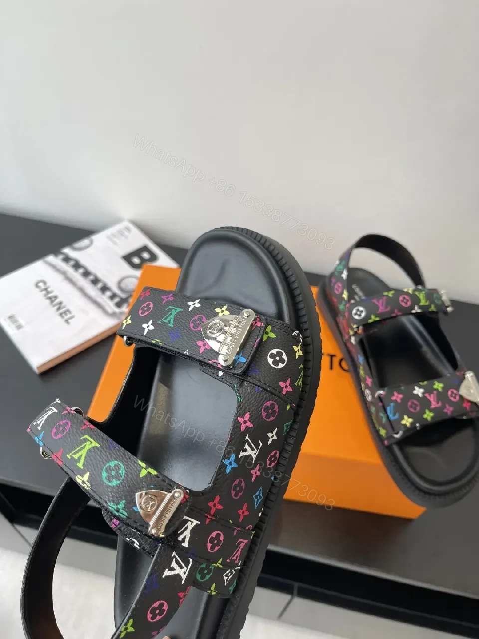 View 9 of Bold Patterned Strap Sandals with Rainbow Monogram Logo