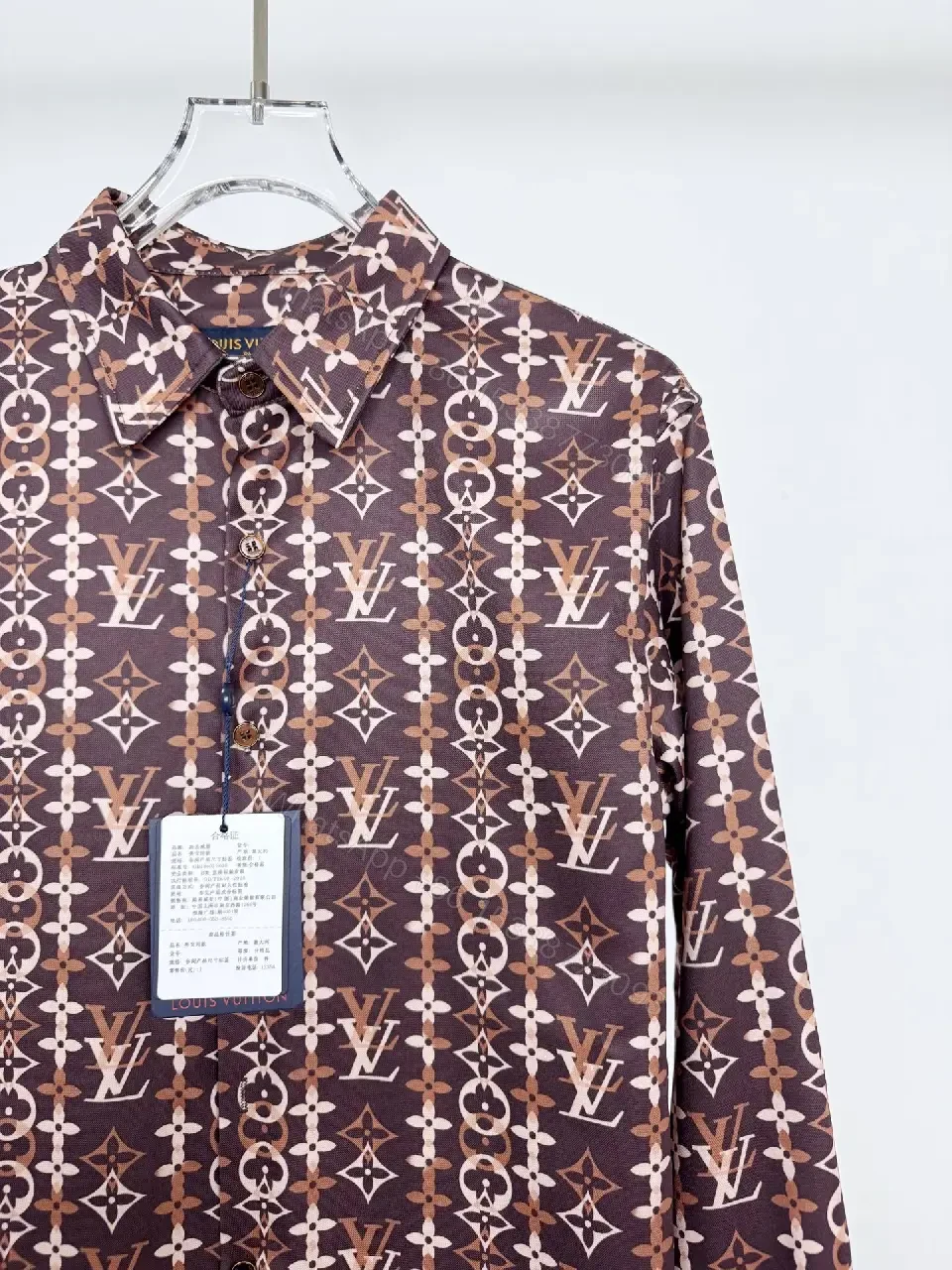 View 3 of Chocolate Brown + Premium Fabric + Button-Front Shirt + Bold Monogram Detail + Men’s Shirt