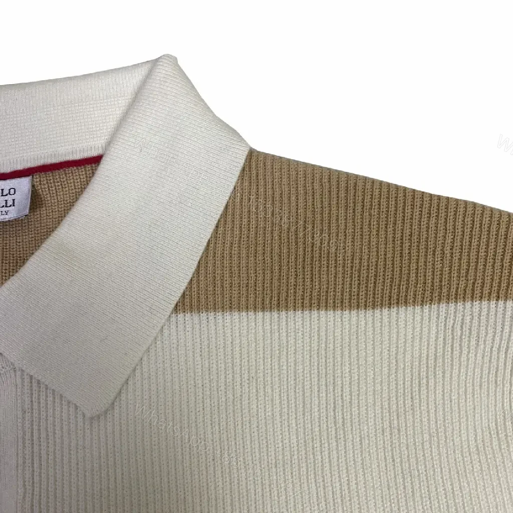 View 7 of Camel & Cream Ribbed Stripe Polo Shirt with Button Placket