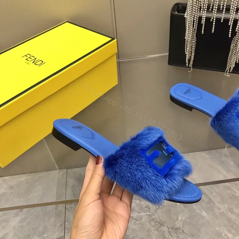 View 7 of Blue Fur-Trim Slip-On Sandals with Fendi-Inspired Hardware