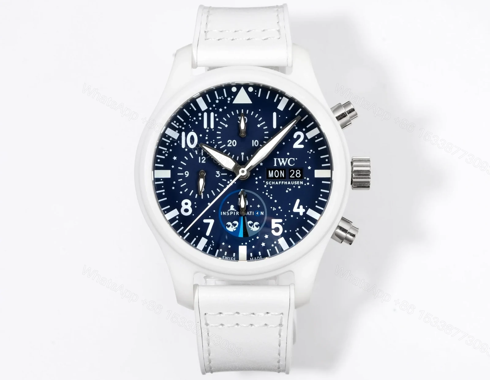 IWC White Ceramic Pilot Chronograph Blue Dial White Strap Ultimate 44MM IWC-CER-PIL-CHR-BLU44-WH — view 1