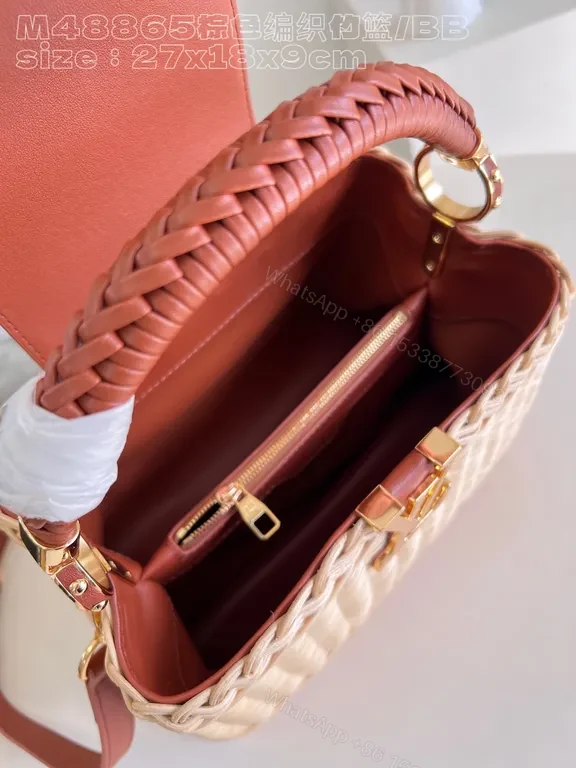 View 9 of Chic Straw Handbag with Leather Trim and LV Emblem