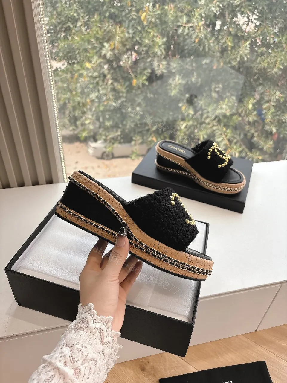 Textured Black Sandals with Gold Bead Embellishment — view 1