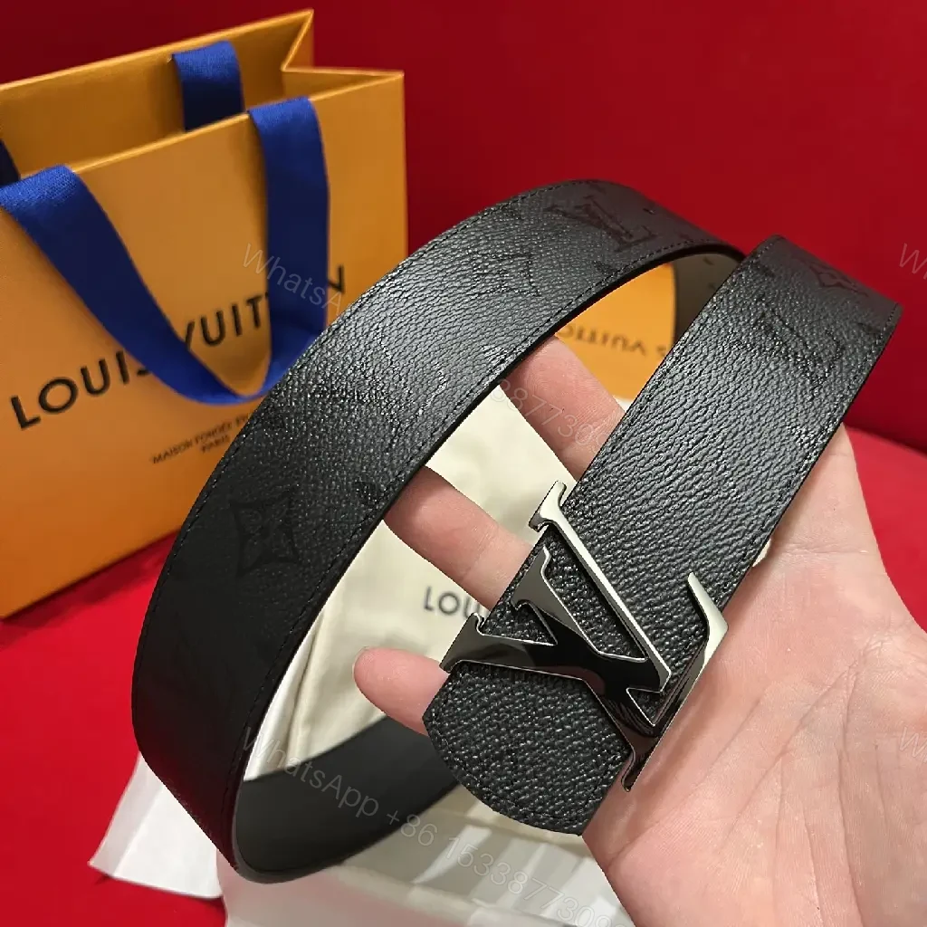 View 5 of Black Leather Belt Luxury Wide with Silver LV Buckle