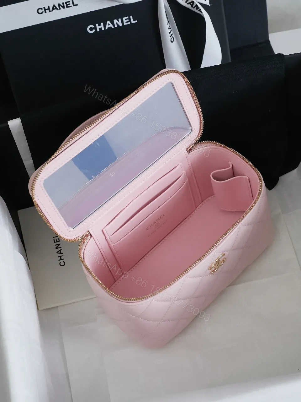 View 8 of Pastel Pink Quilted Mini Bag with Gold Hardware