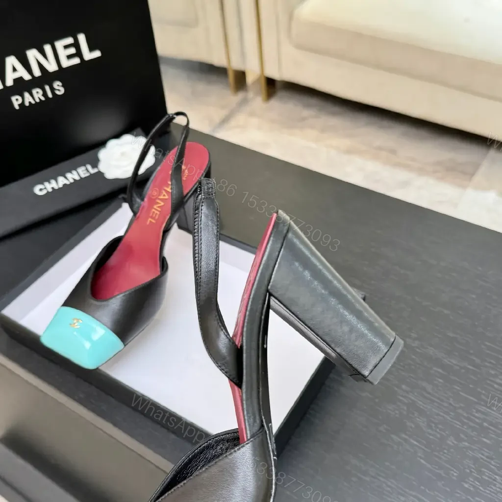 View 4 of Color-Block Leather Slingback Heels with Turquoise Toe Cap