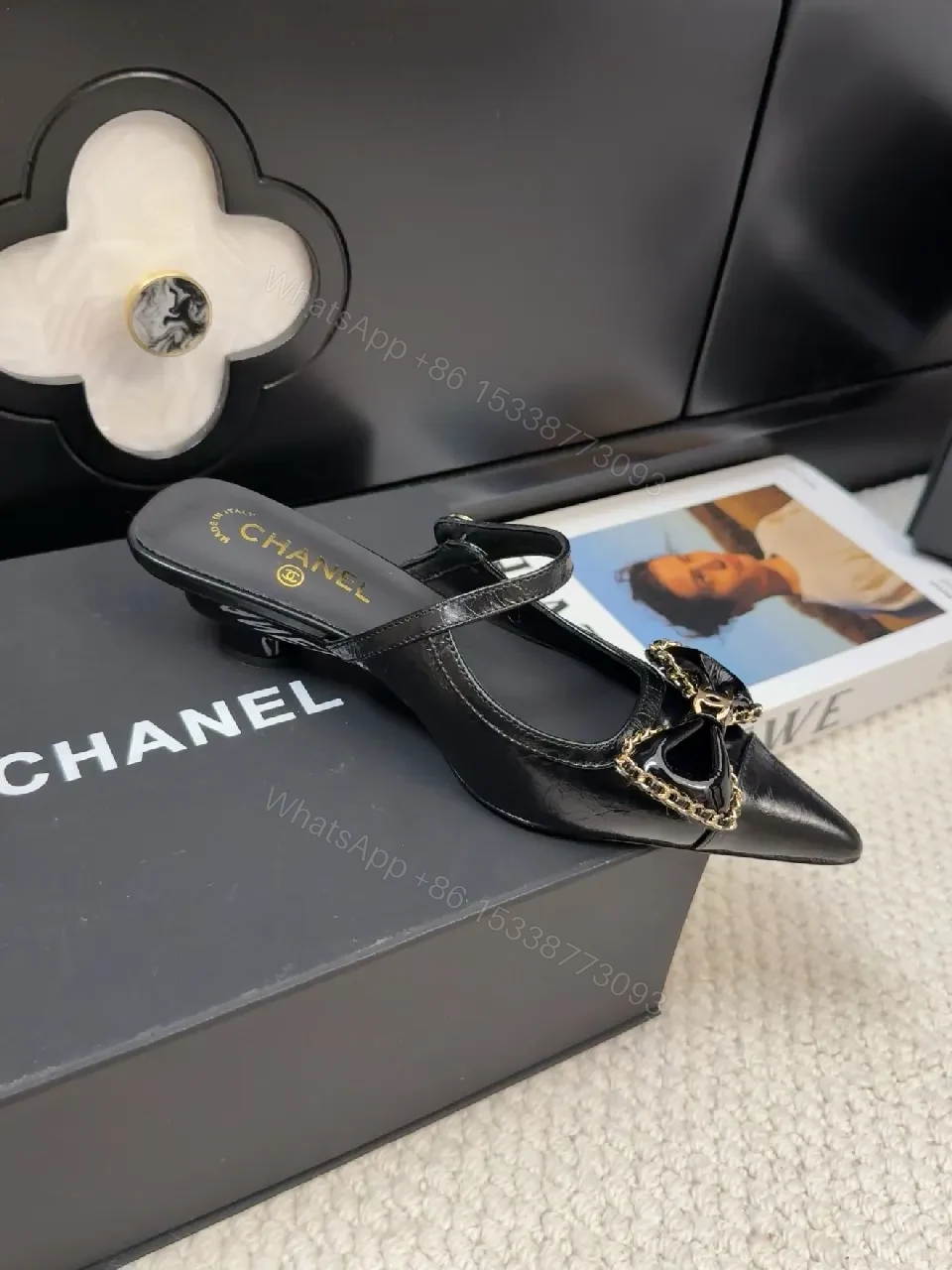 View 6 of Chic Black Patent Mule with Chain Bow Detail, Luxe Style