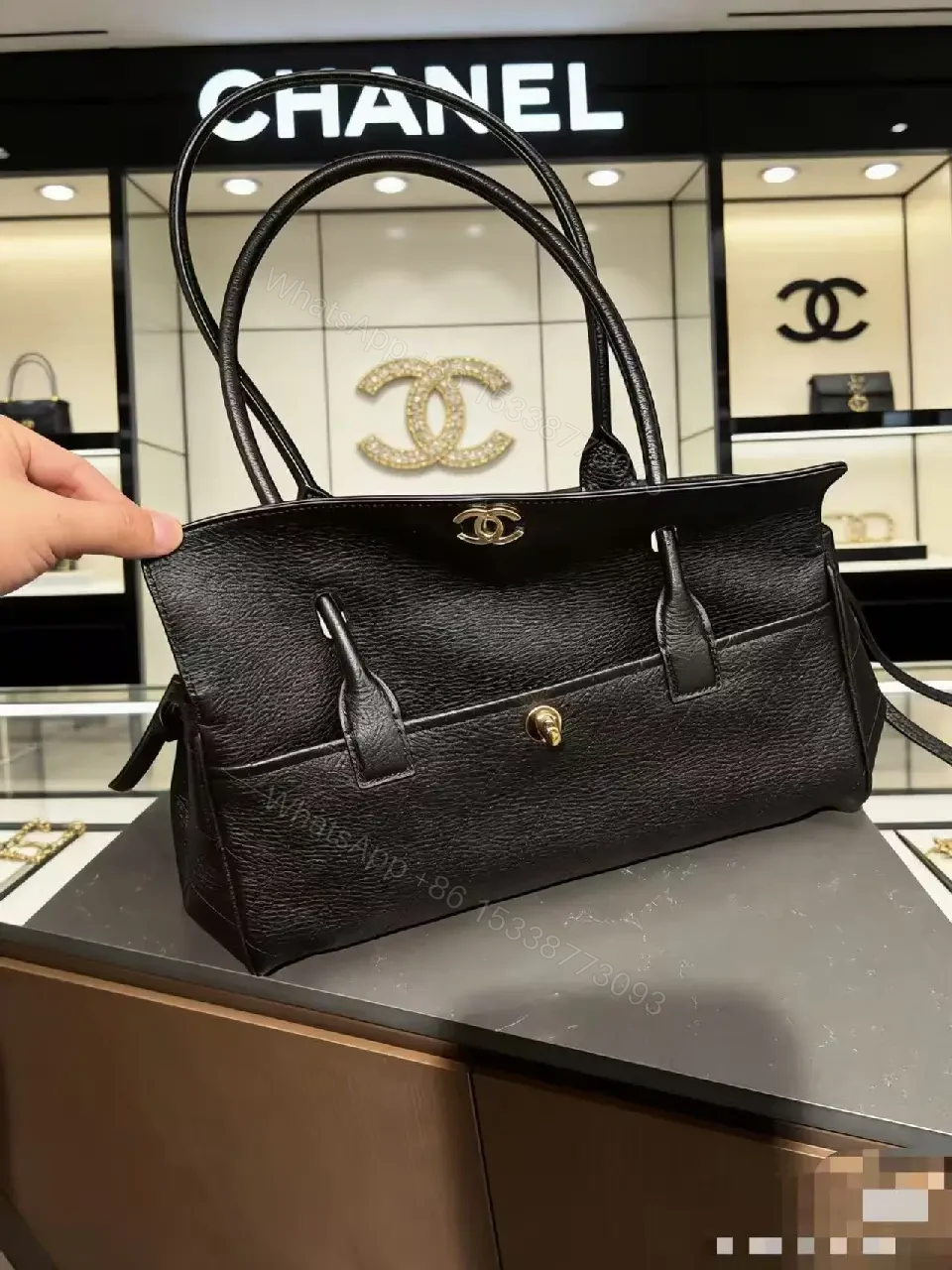 View 10 of Quilted Black Leather Handbag with Gold Hardware Luxury