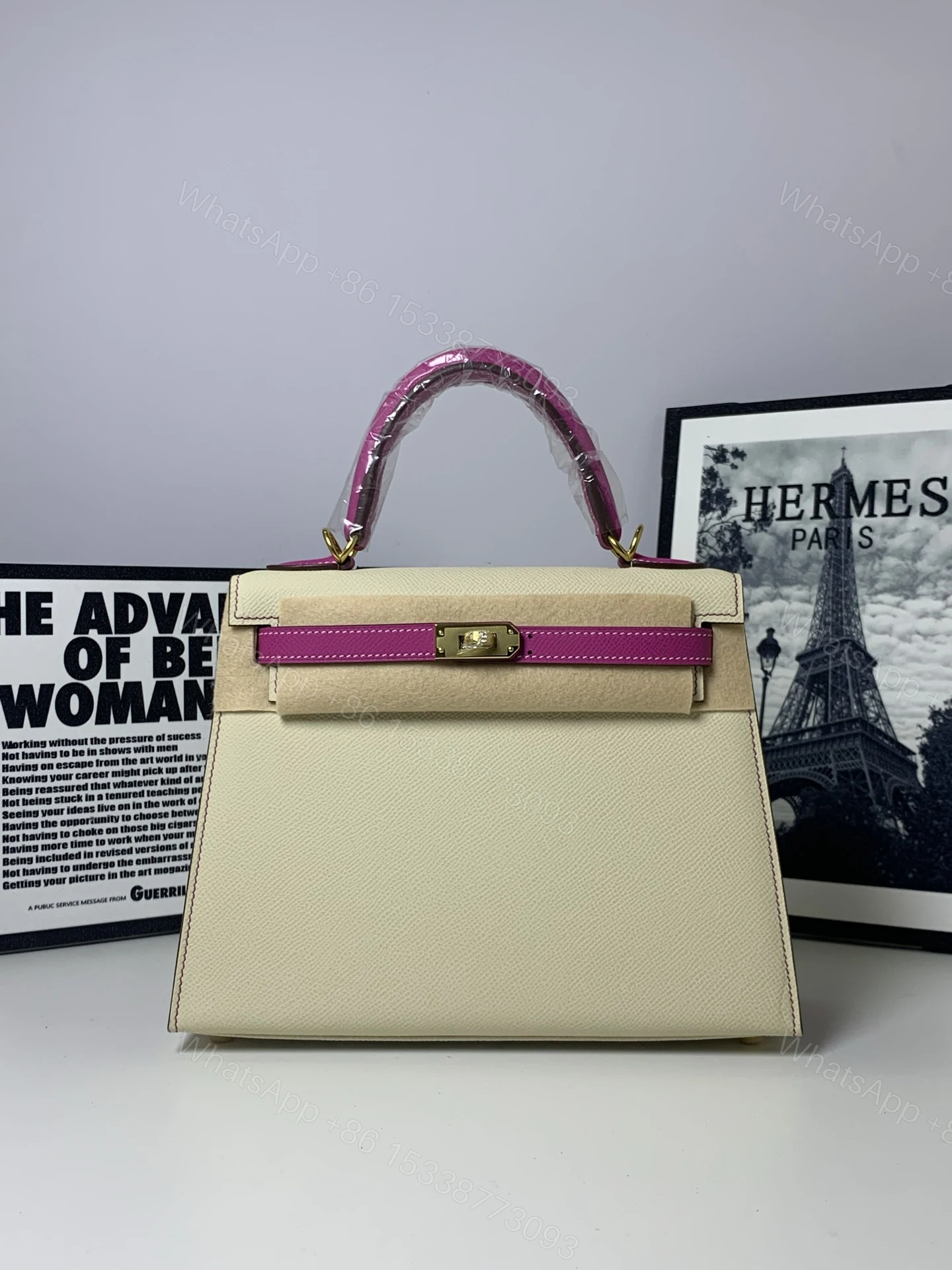 一比一 Hermes Kelly 25 奶白拼玫紅配色手提包 優雅精品女包 — view 1
