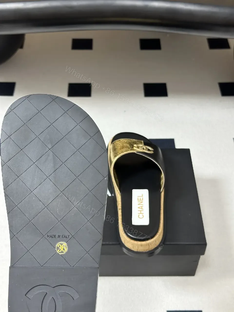 View 4 of Black Leather Luxury Chanel Logo Slide Sandals