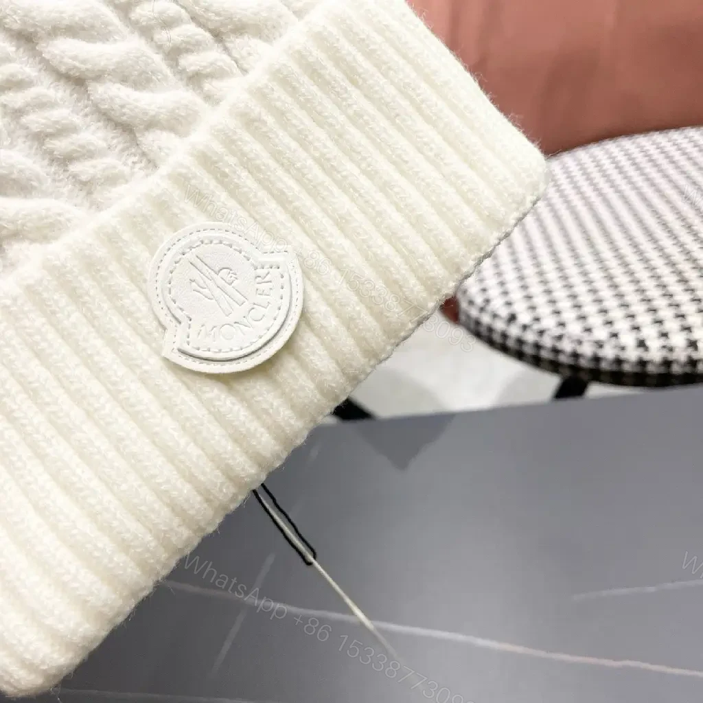 View 9 of White Knit Beanie: Premium Ribbed Cuff, Luxury Badge, Warmth