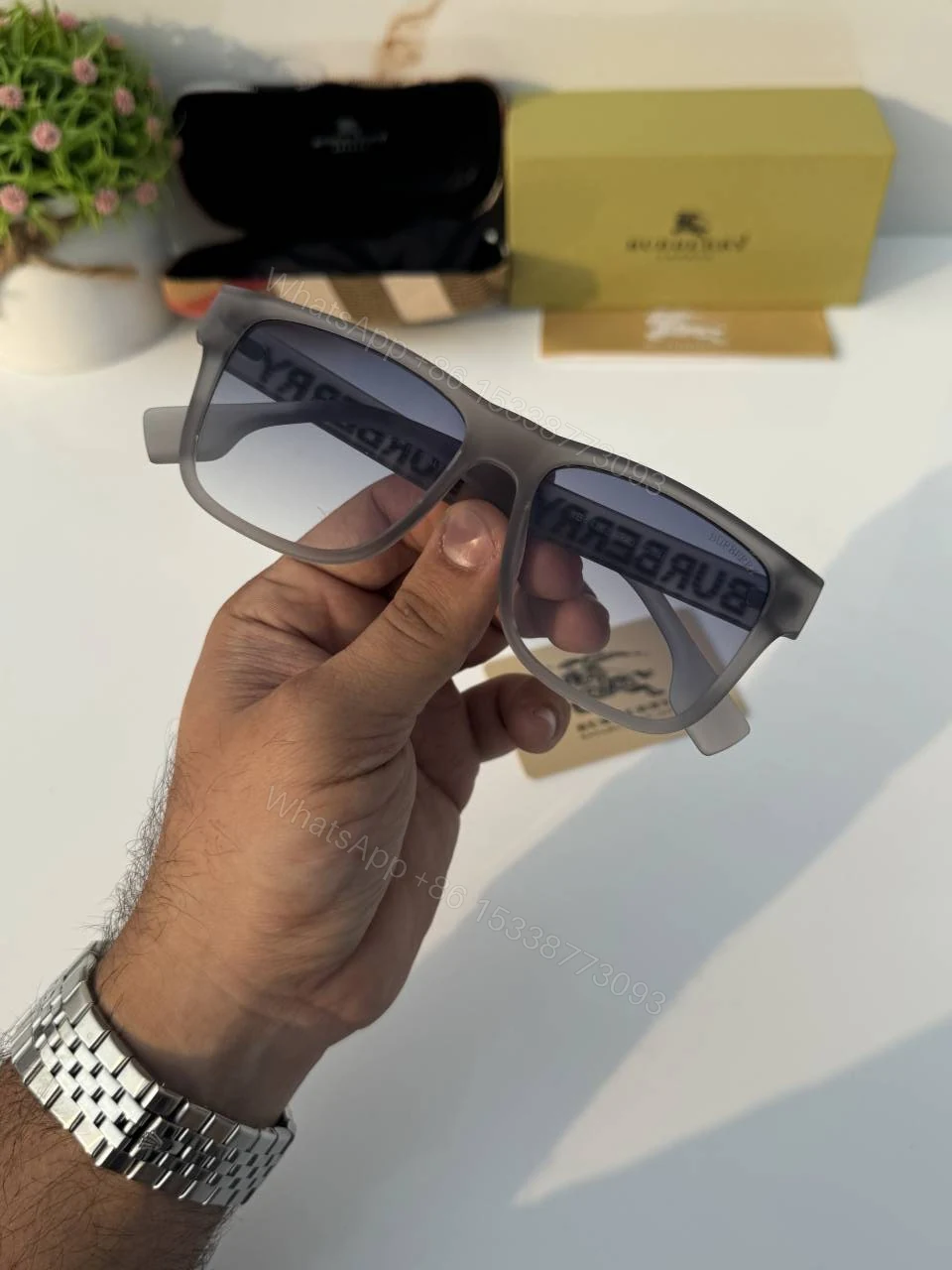 View 3 of First Copy Burberry Grey Square Unisex Sunglasses UV Protection Luxury Style