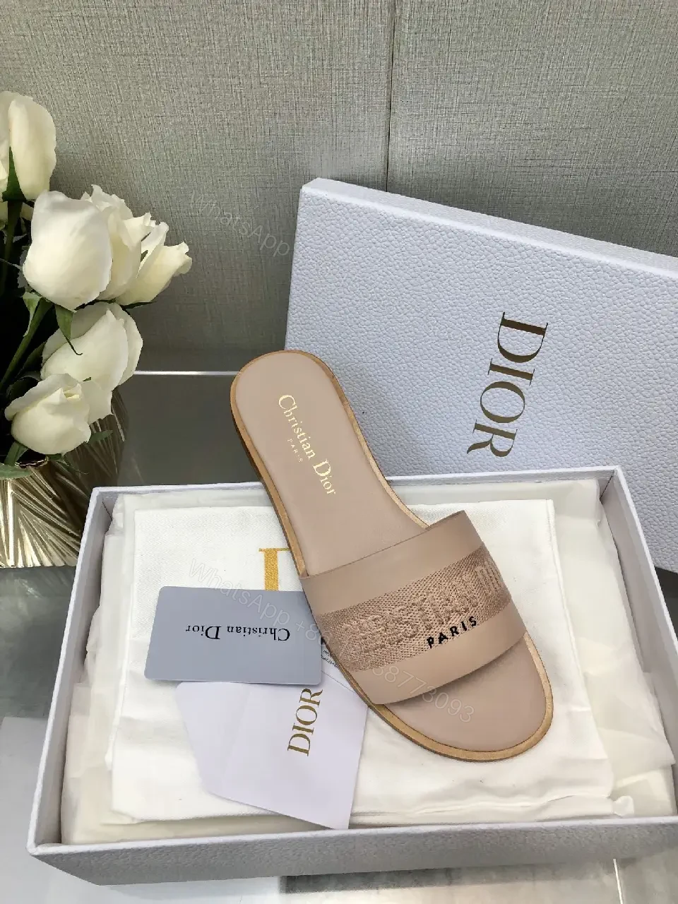 View 7 of Pink Beige Leather Slide Sandals with Dior Band - Paris Theme