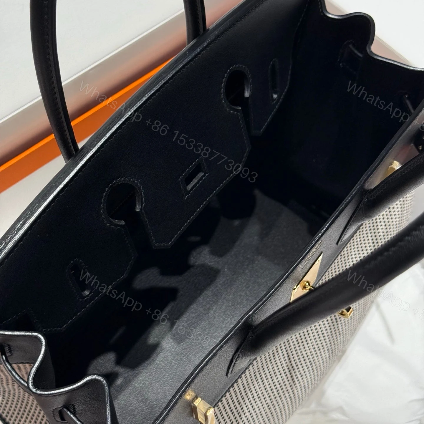 View 6 of HERMES BIRKIN 30CM IN BLACK SWIFT WHITE BLACK PLAID TOILE CANVAS