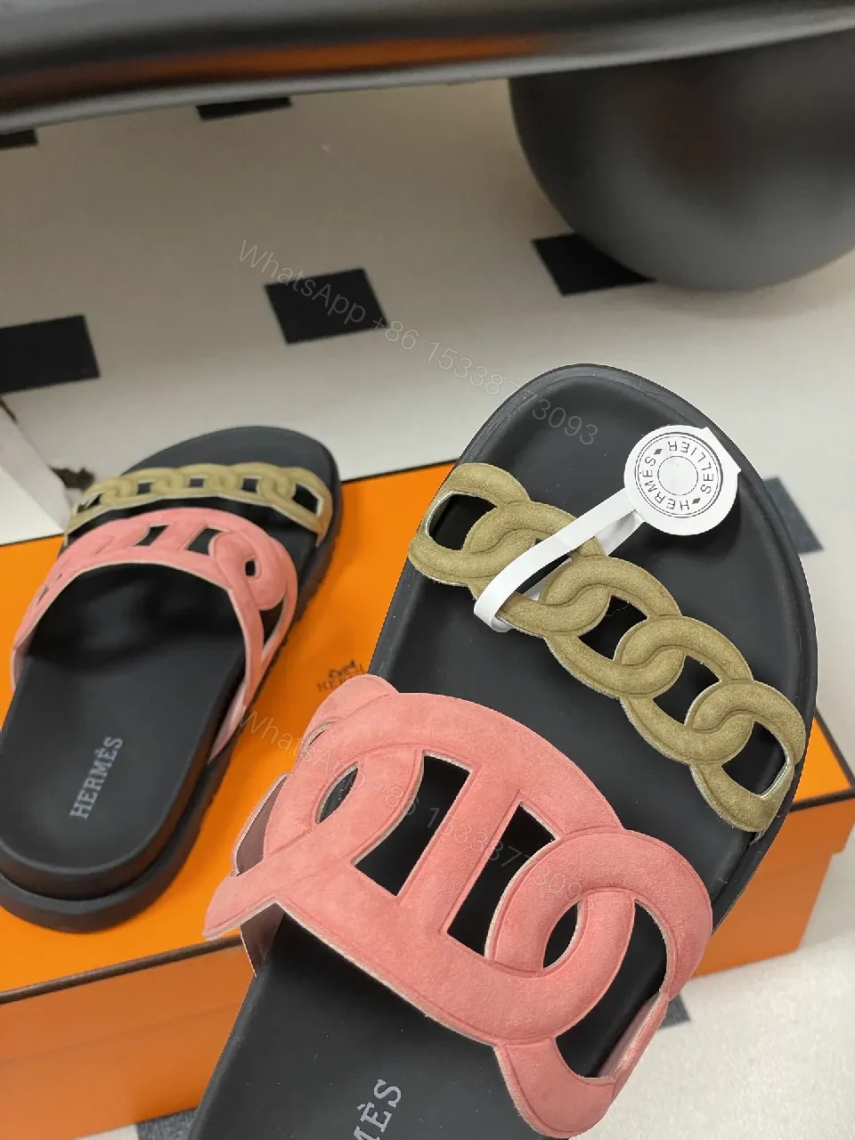 View 4 of Soft-Statement Sandals with Chain Straps: Pink & Beige Suede Style