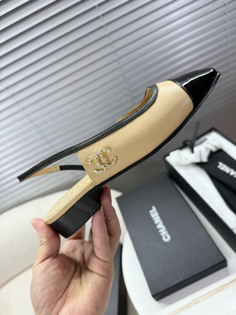View 8 of Beige Leather Slingback Pumps with Glossy Cap Toe