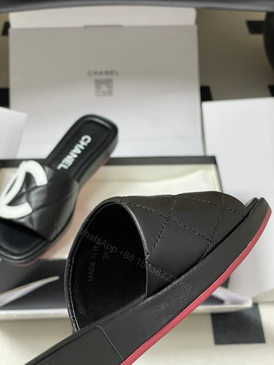 View 8 of Quilted Black Slides with Bold Logo Straps - Luxury Casual