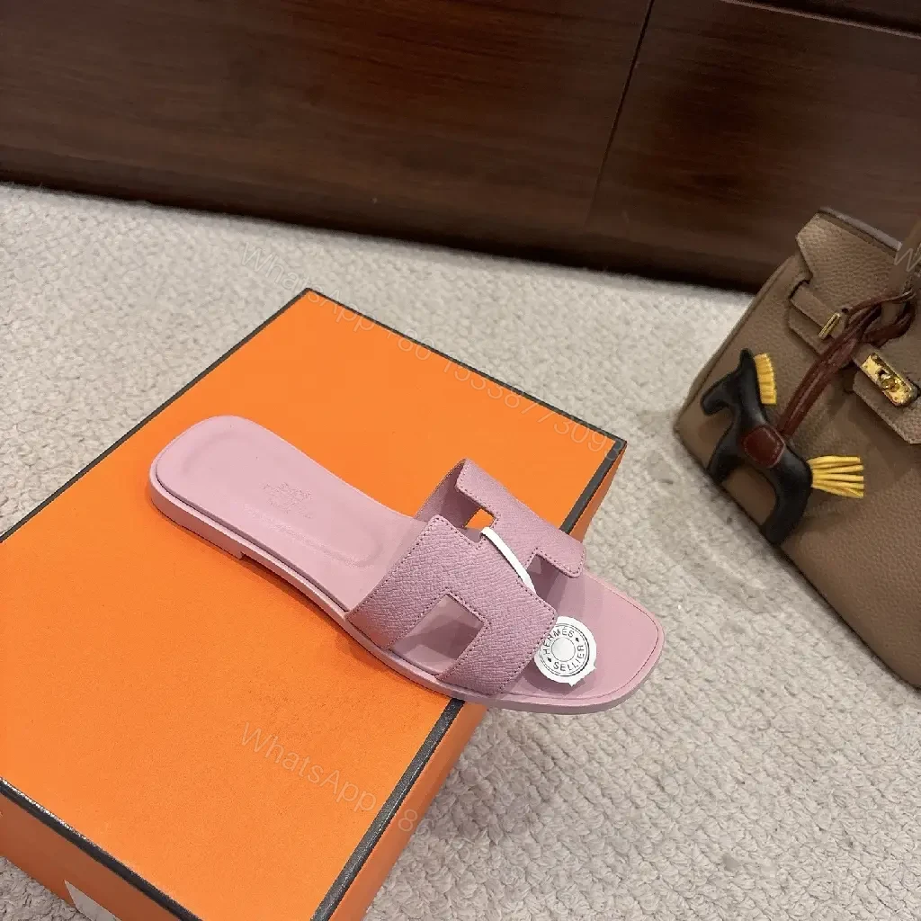View 7 of Pastel Lavender Leather Sandals: Luxury Comfort Slide with H Motif