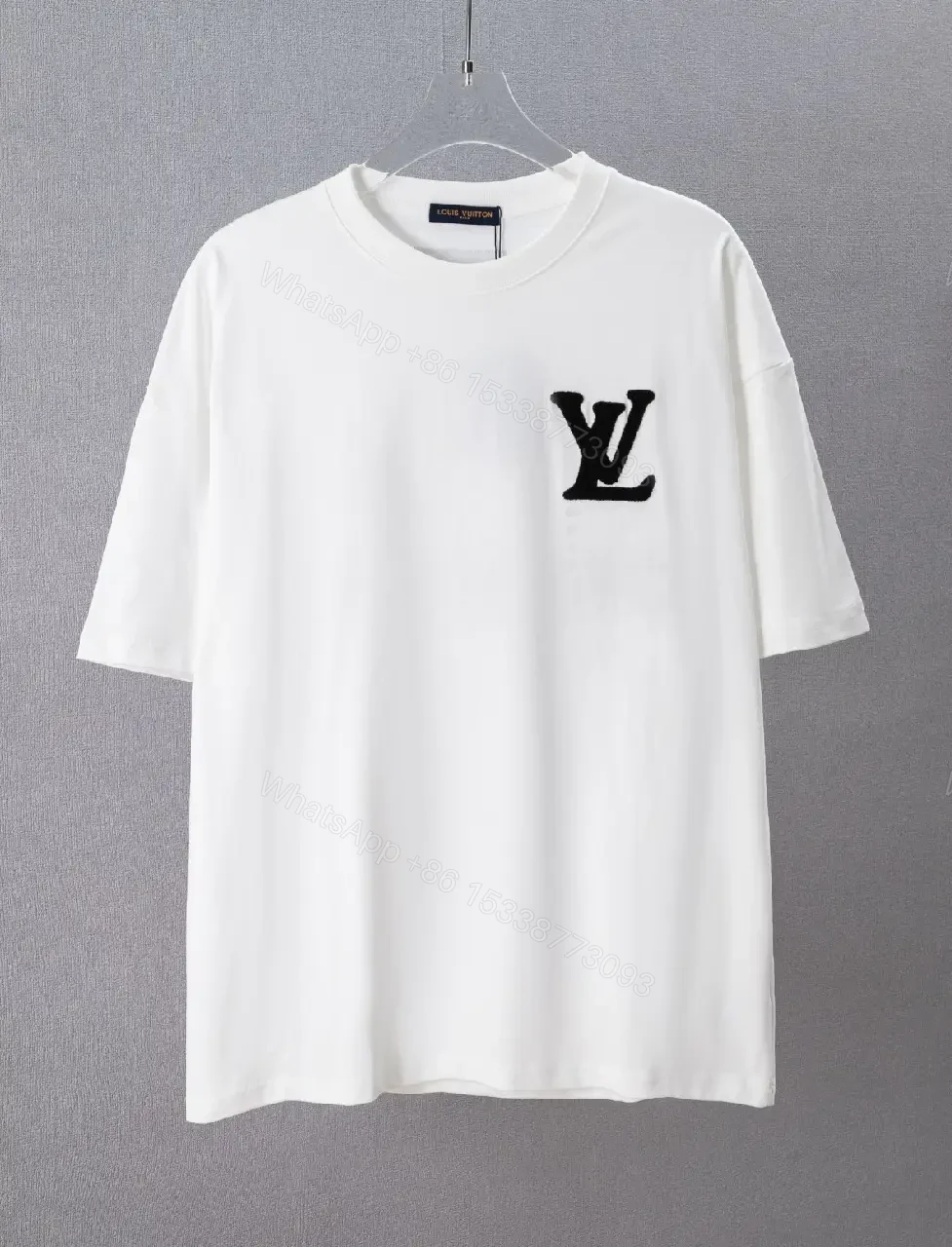 View 8 of White Cotton Relaxed-Fit T-Shirt with Black LV Logo Embroidery Crew Neck Short Sleeve