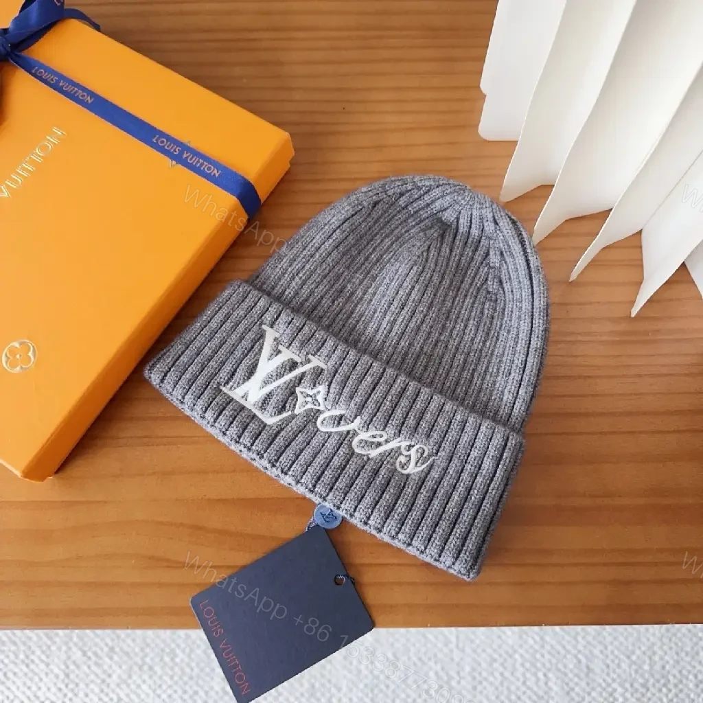 View 4 of Grey Wool Knit Beanie with Subtle LV Logo