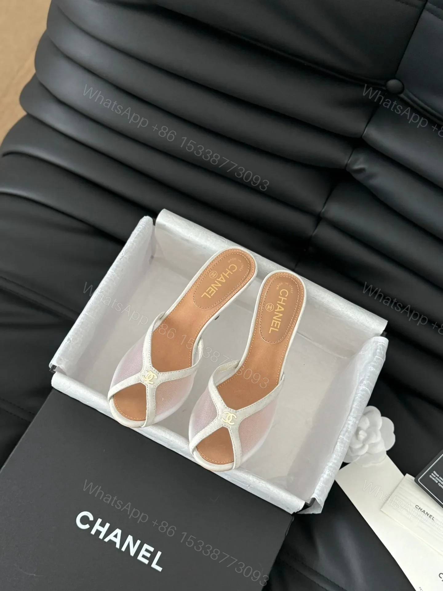 View 2 of Chanel Women Beige Mesh And Leather Mules