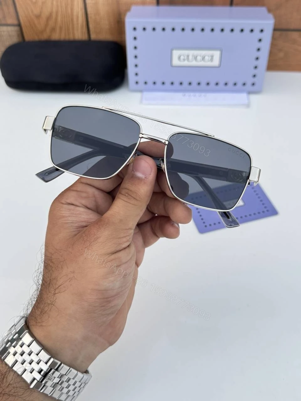 View 4 of First Copy Gucci 320 Silver Black Luxury Designer Sunglasses Premium UV Protection Eyewear