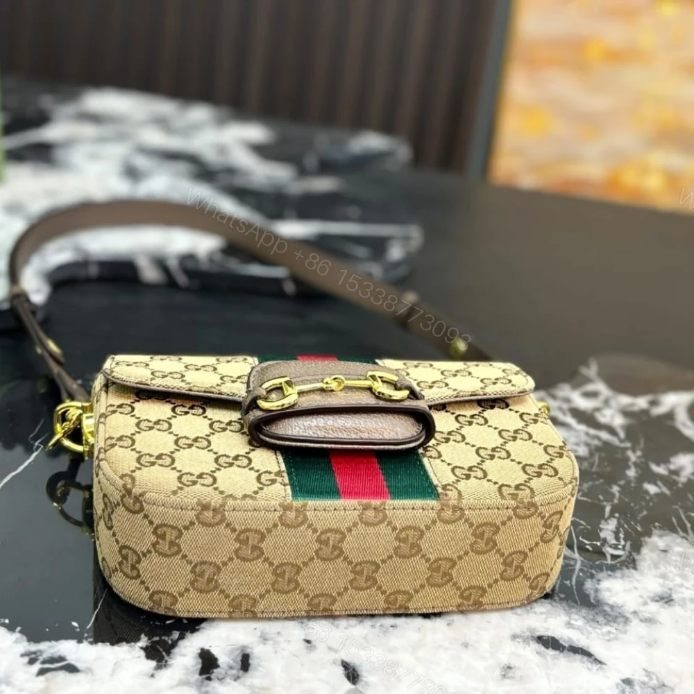 View 6 of Gucci Horsebit 1955 Small Shoulder Bag GG Canvas Sand And Brown 21cm