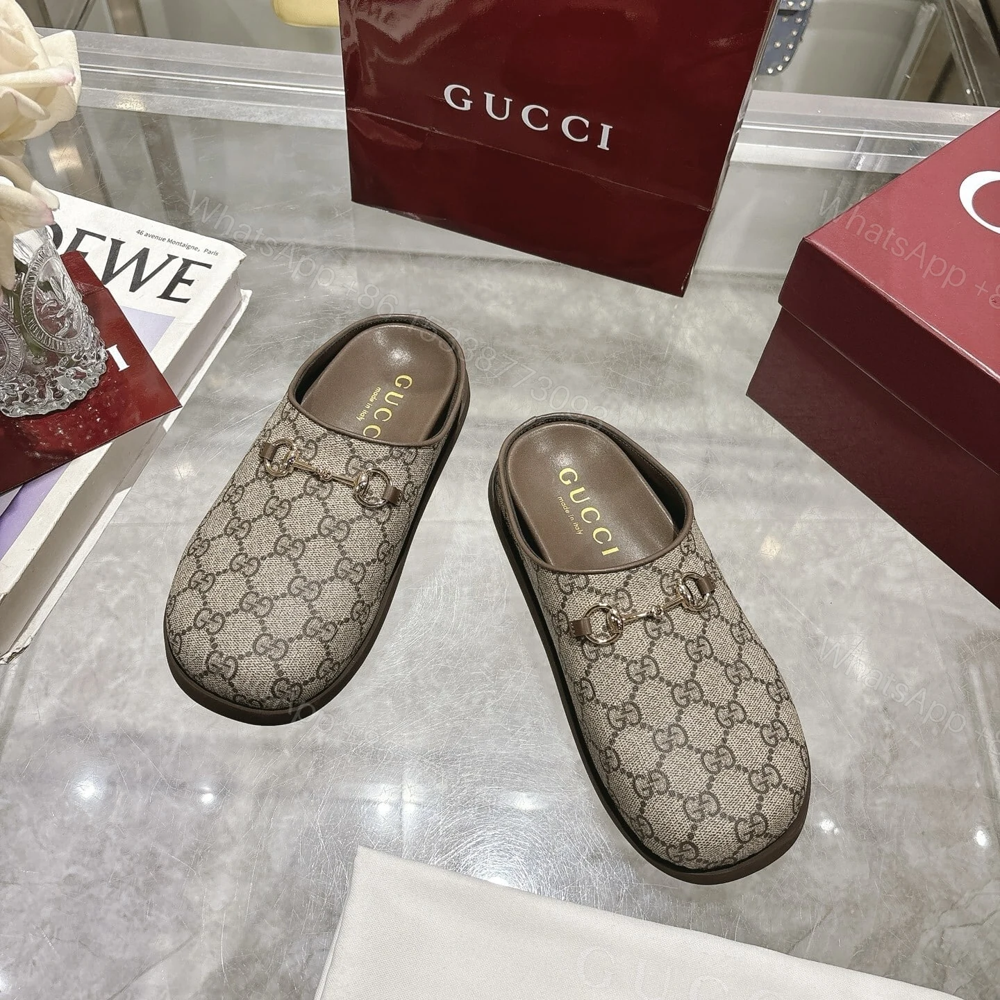 View 3 of GUCCI WOMEN MULE WITH HORSEBIT CAMEL AND DARK BROWN GG CANVAS 837130 FAB10 2543