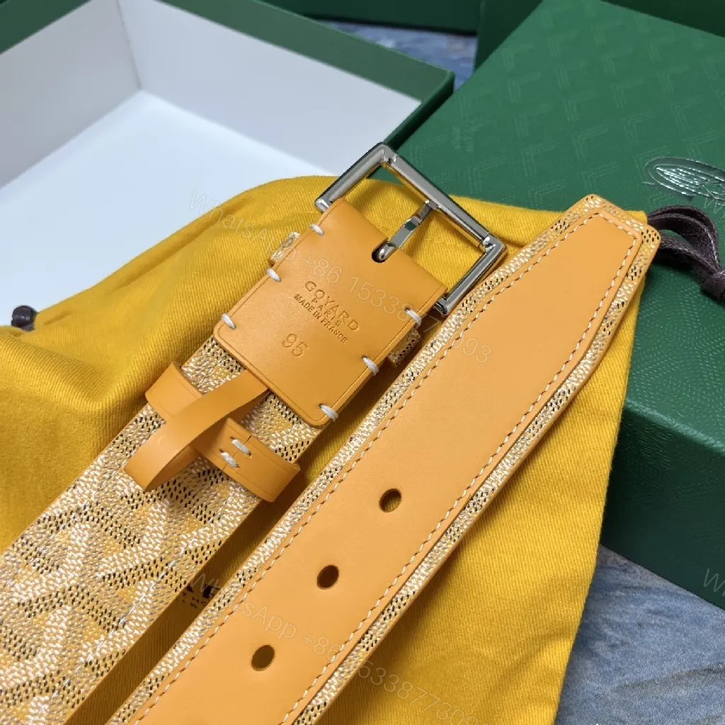 View 4 of Yellow Leather Belt with Signature Pattern, Premium Craftsmanship, Modern Style, Adjustable Comfort