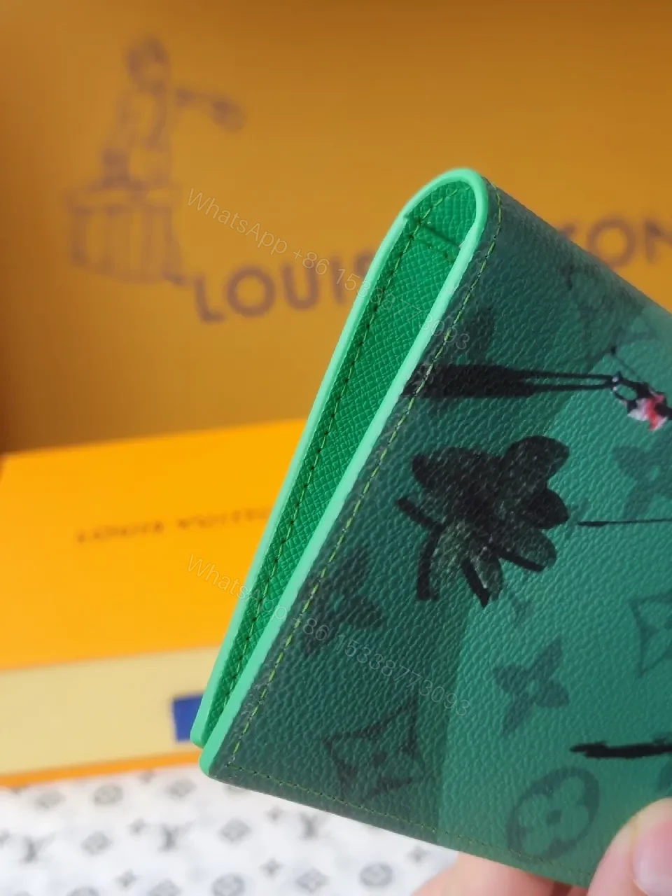 View 7 of Green Coated Canvas Card Holder with LV-Inspired Print