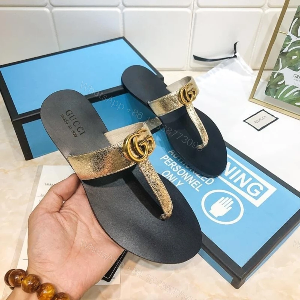 View 6 of Gucci Thong Sandals With Double G Gold