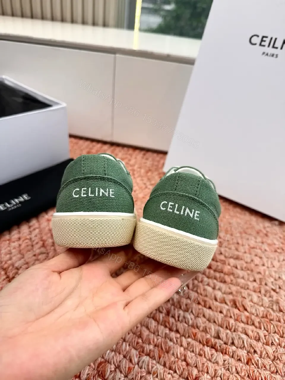 View 6 of Green Canvas Sneakers with Off-White Rubber Sole