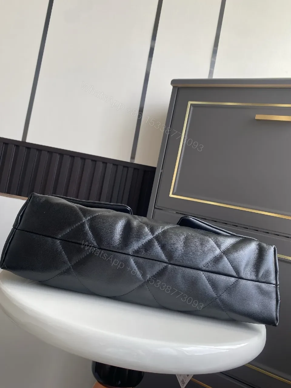 View 8 of Lux Quilted Leather Handbag in Black with Gold Hardware