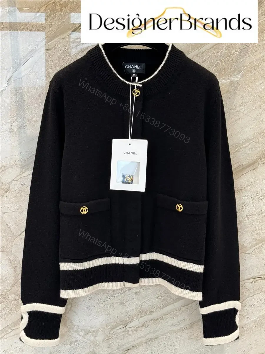 View 2 of Black Knit Cardigan with Piping & Gold Accents