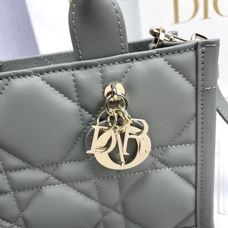 View 9 of Grey Quilted Lady Imitation Dior Top-Handle Bag