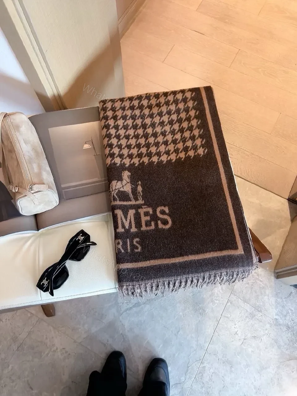 View 5 of Two-Tone Hermes-Inspired Knit Throw Blanket with Fringe