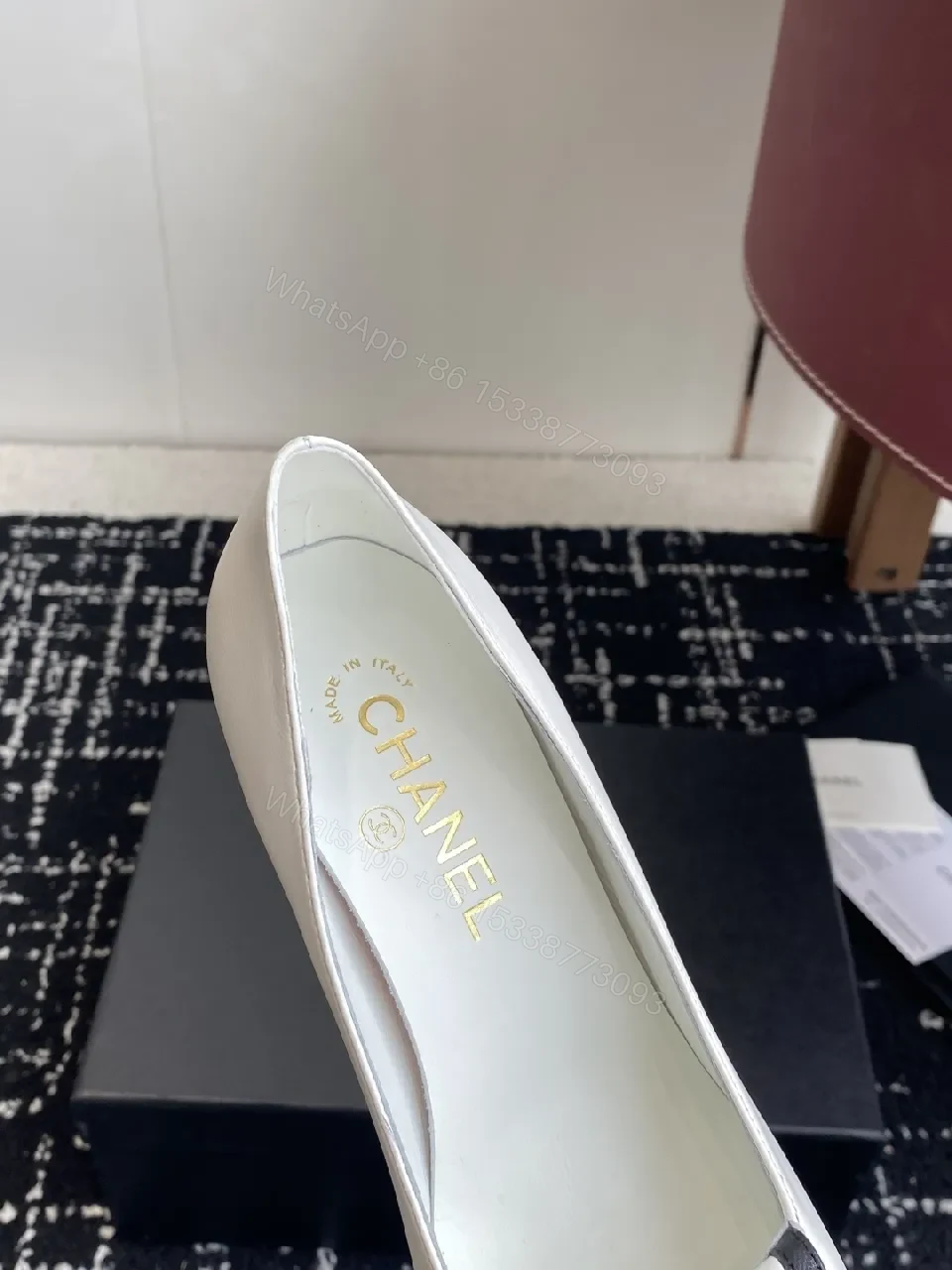 View 5 of White Leather Block-Heel Pumps with Gold Crest Accent