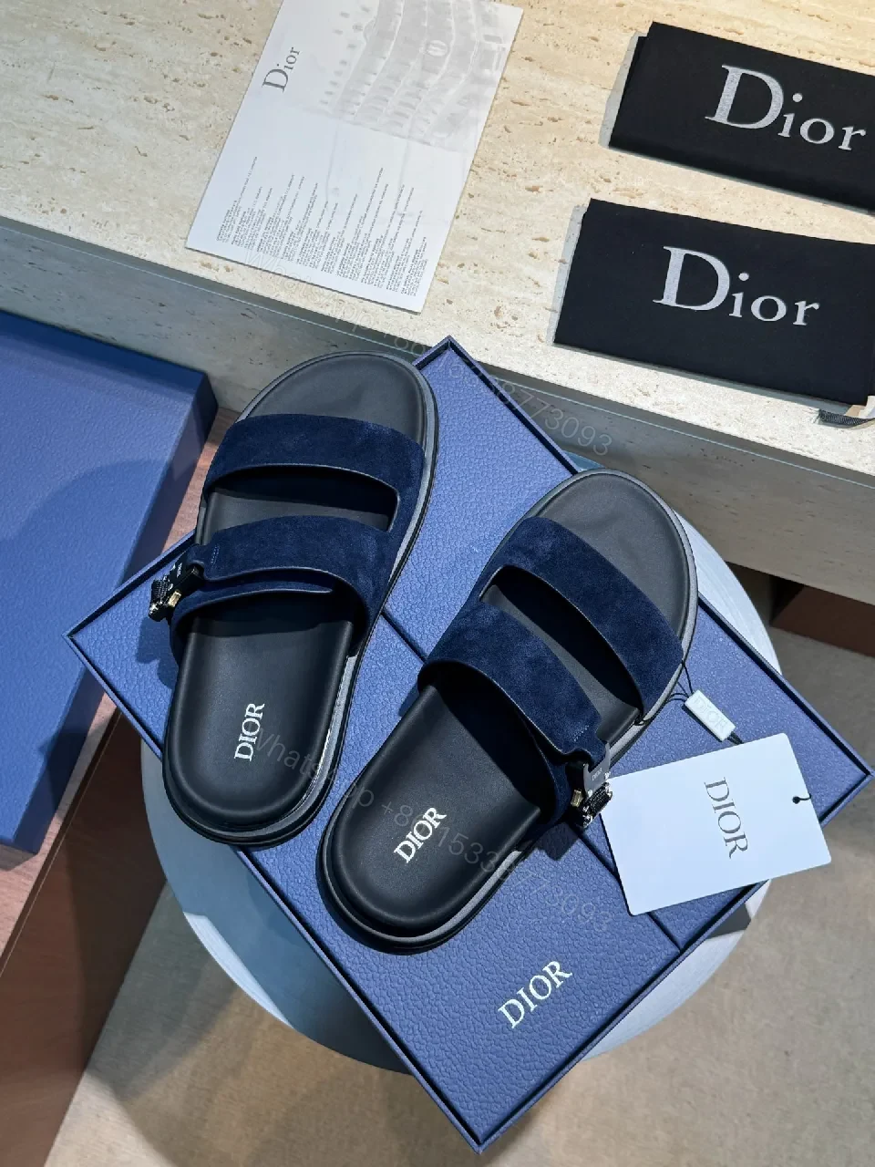View 5 of Premium Navy Suede Dior-Style Sandals with Bold Straps