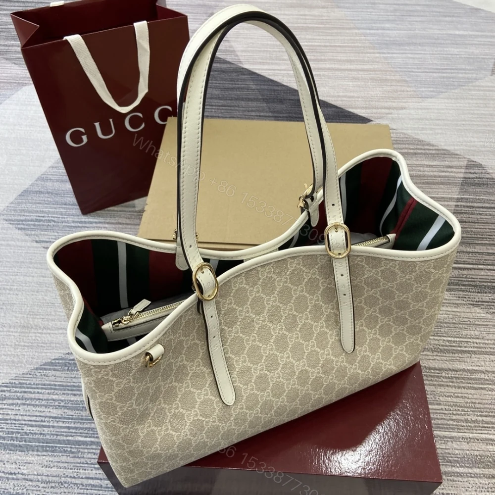 View 5 of Gucci GG Emblem Large Tote Bag Beige And White GG Monogram Coated Fabric 38Cm