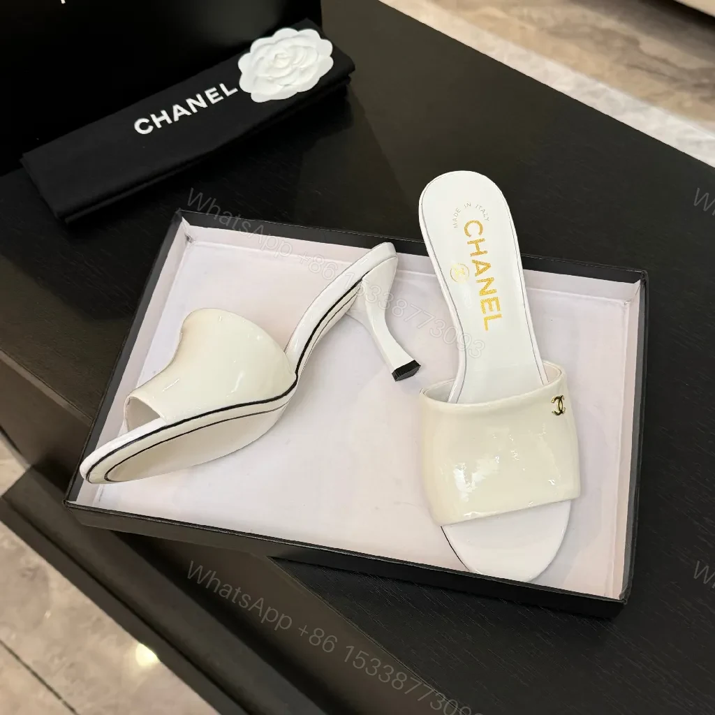View 7 of White Patent Mules with Gold Logo – Elevating Everyday Glam
