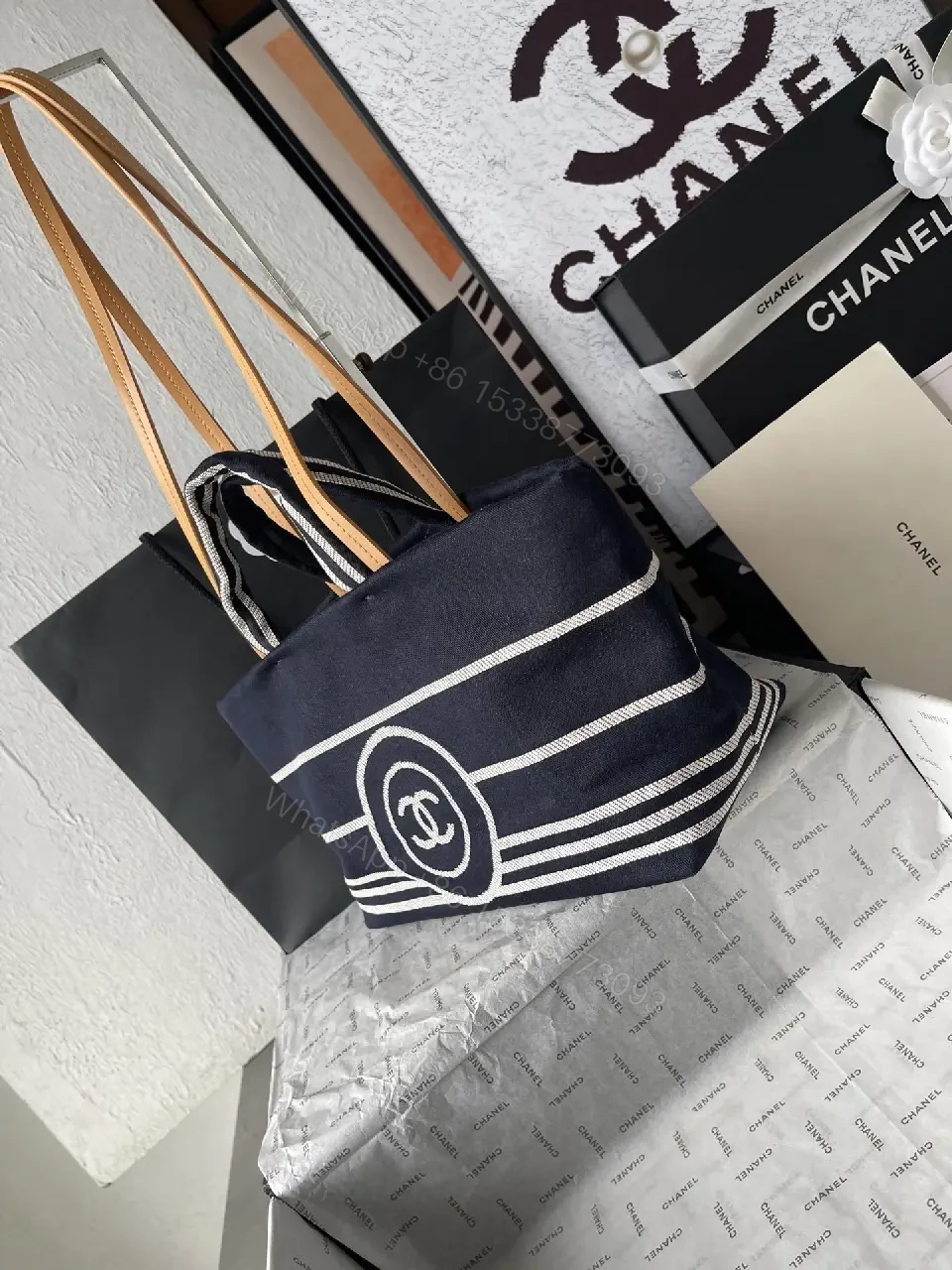 View 10 of Navy Canvas Striped Tote: Luxe Everyday Carryall
