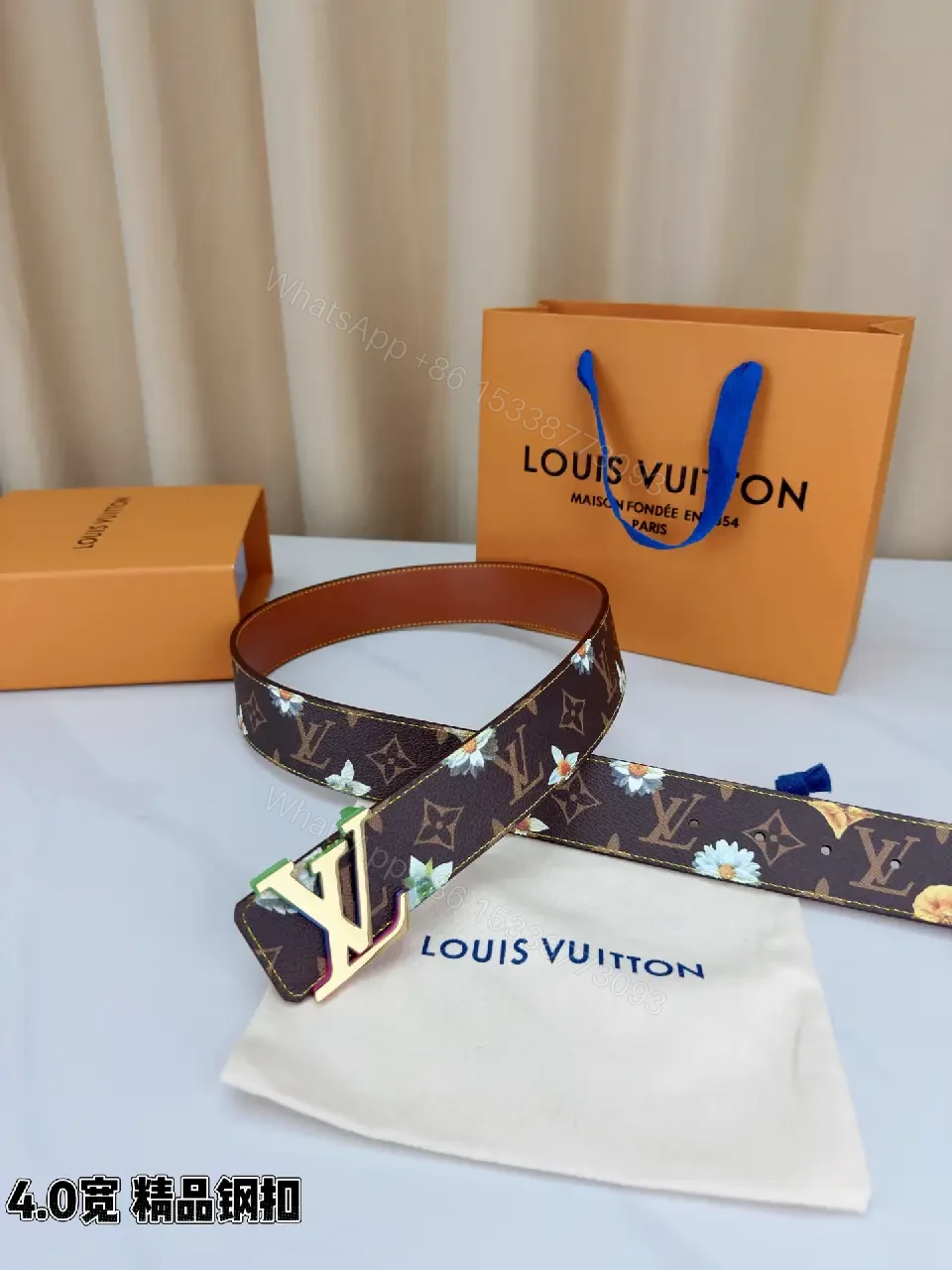 View 4 of Floral-Accent Canvas Belt with Luxe Buckle, Unisex
