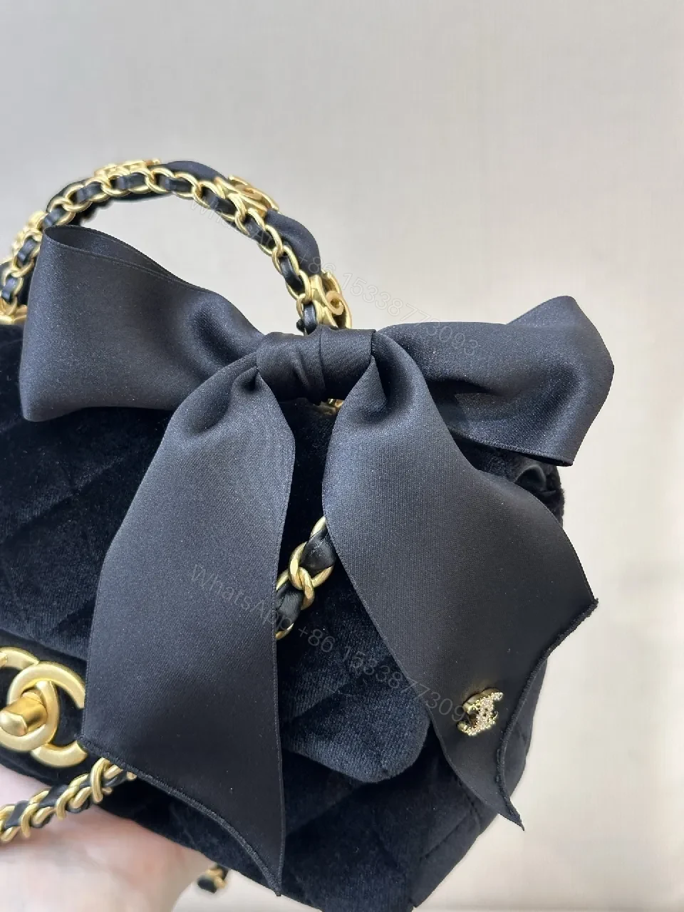 View 6 of Quilted Velvet Handbag with Satin Bow Accent and Gold Chain