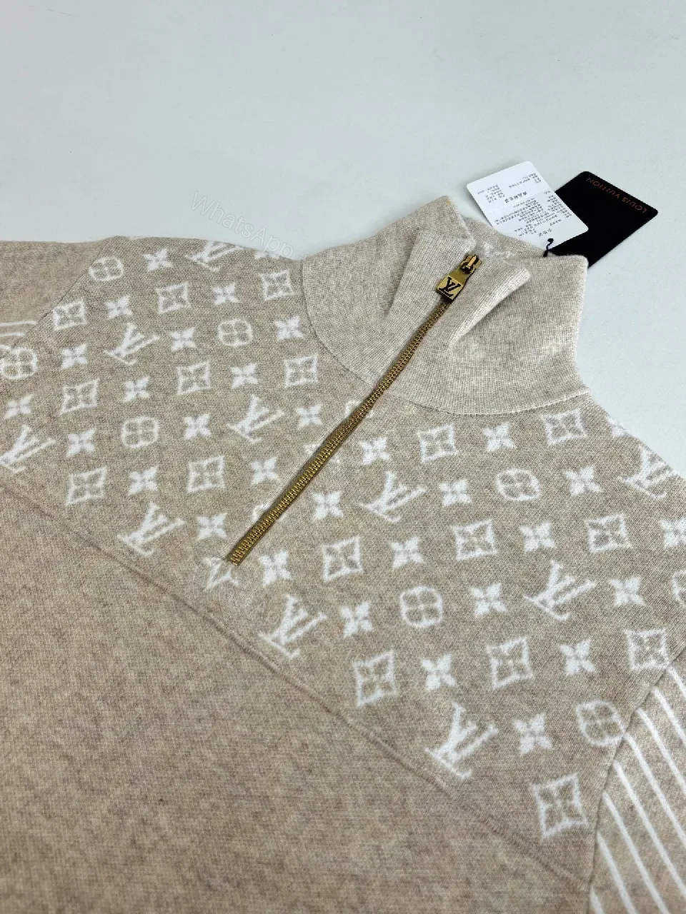 View 4 of Taupe Knit Pullover with LV Monogram, Half-Zip, Luxe Casual Style