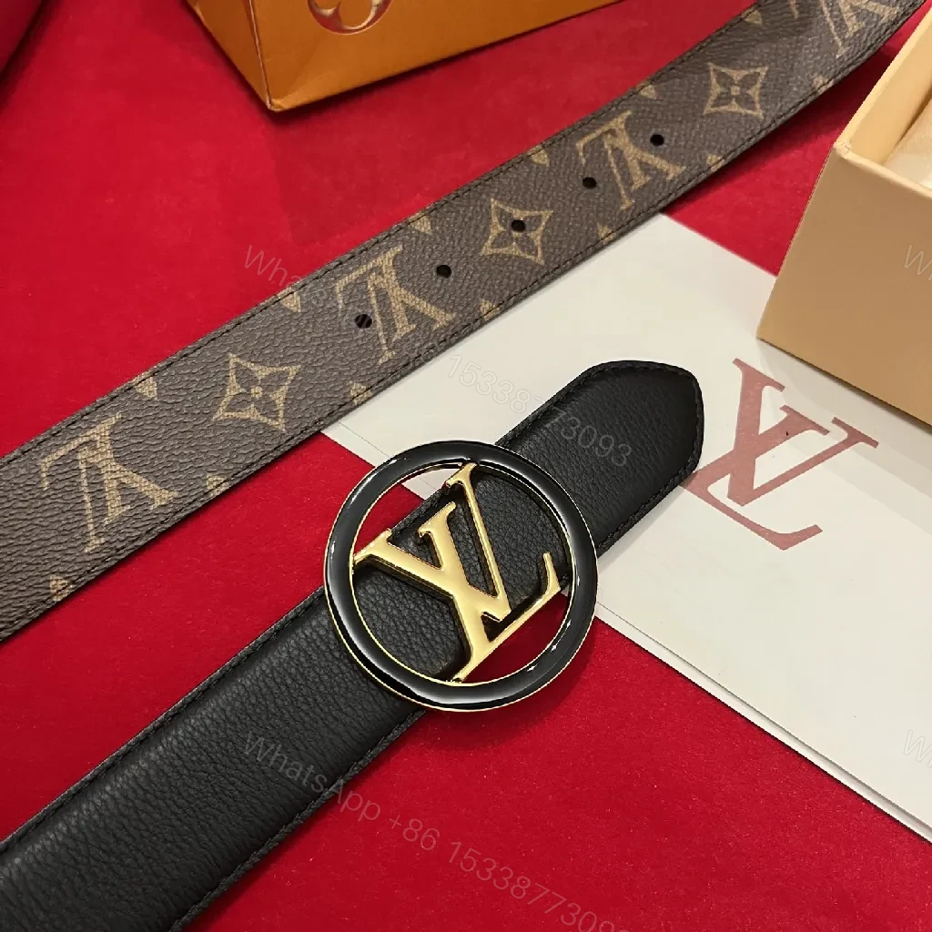 View 3 of Bold Leather Belt with Gold Logo Buckle - Premium Style Belt