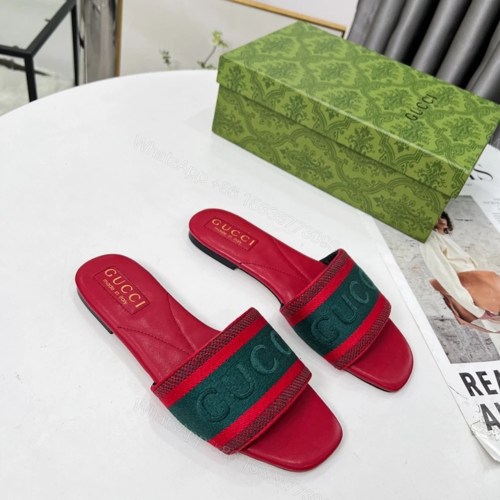 View 4 of GUCCI WOMEN SLIDE SANDAL WITH WEB GREEN AND RED 816350 FAECG 6443