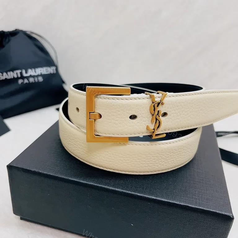 View 7 of Crisp White Leather Belt with Gold Hardware â€” Saint Laurent Style